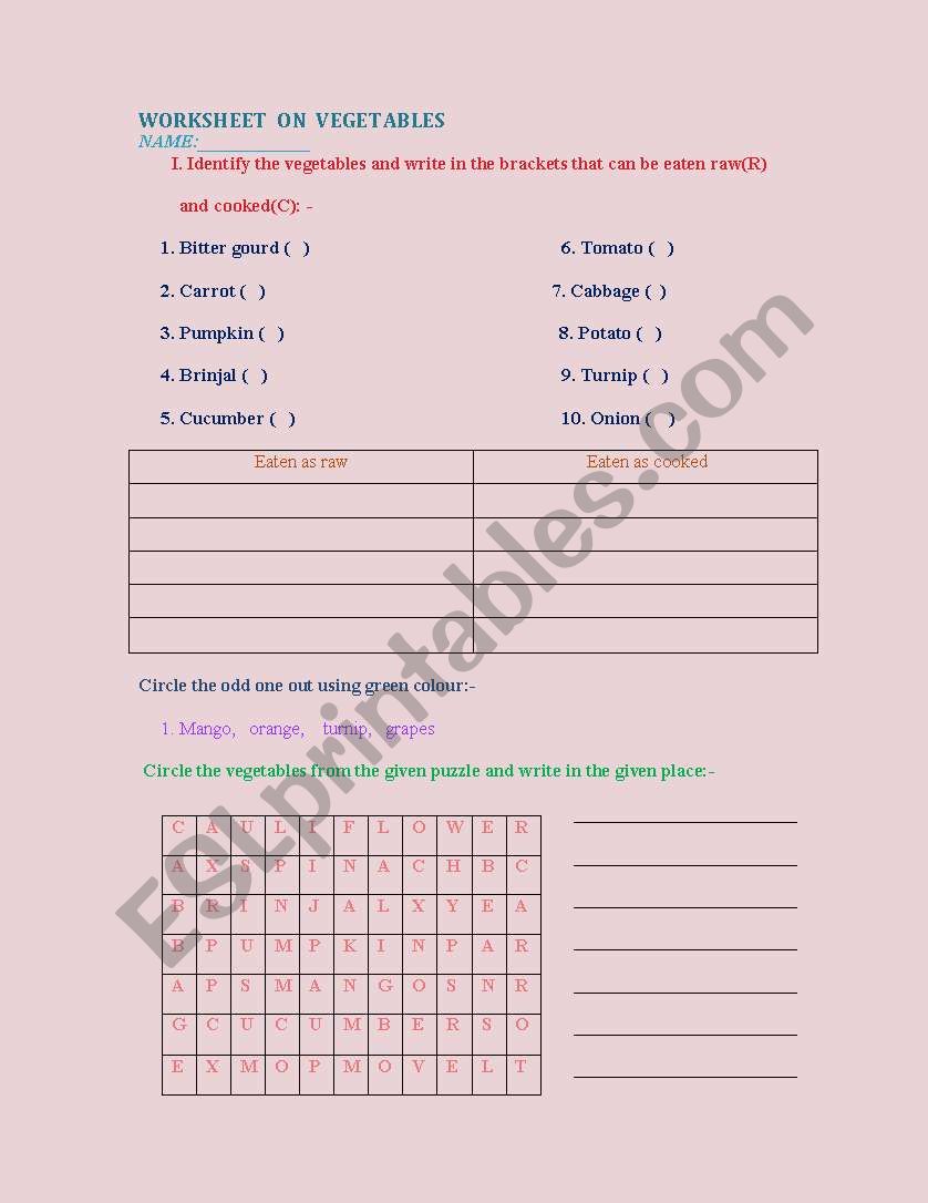 worksheet on vegetables worksheet