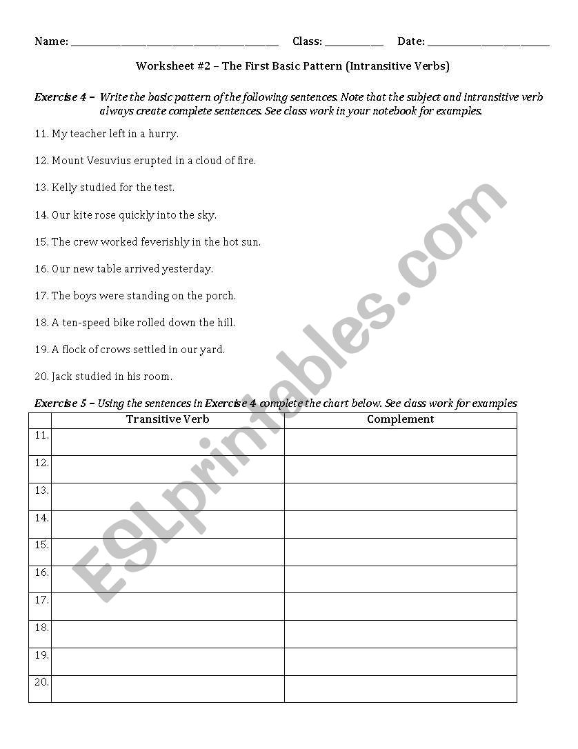 English Worksheets Basic Sentence Pattern S IV