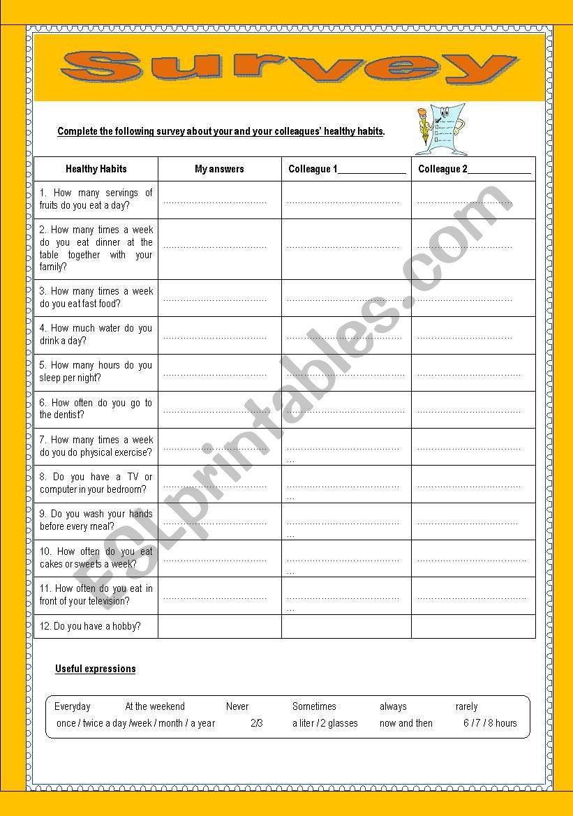 Survey: healthy habits worksheet