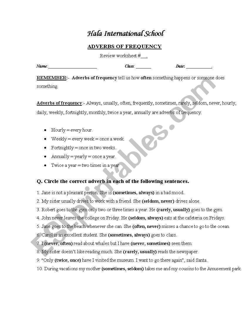 adverbs of frequency worksheet