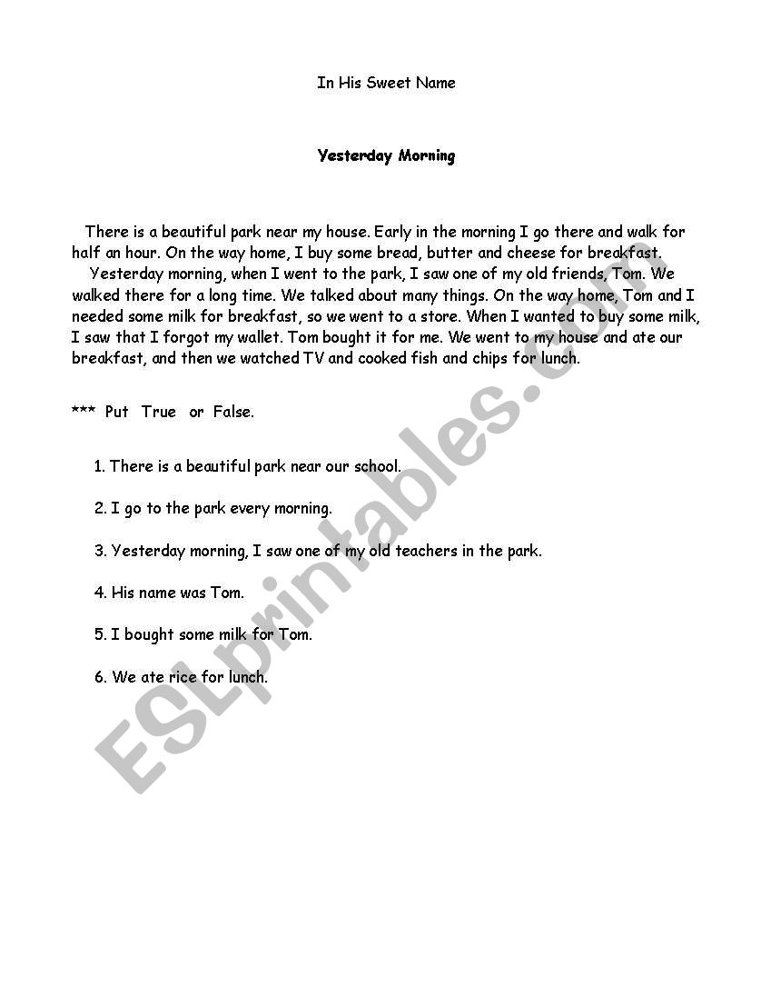 Reading worksheet