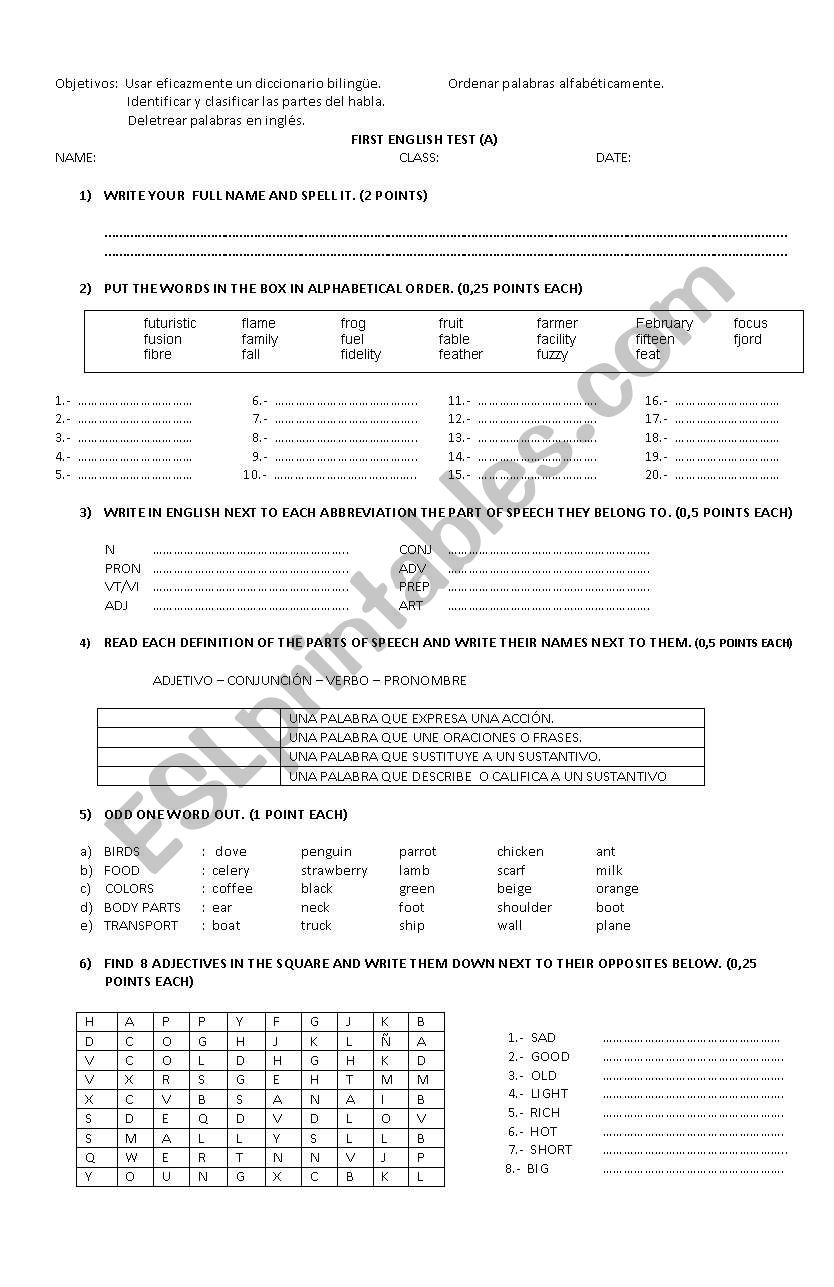 Parts of speech worksheet