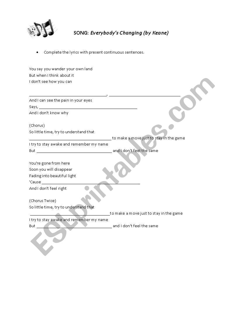 Everybodys changing -lyrics worksheet