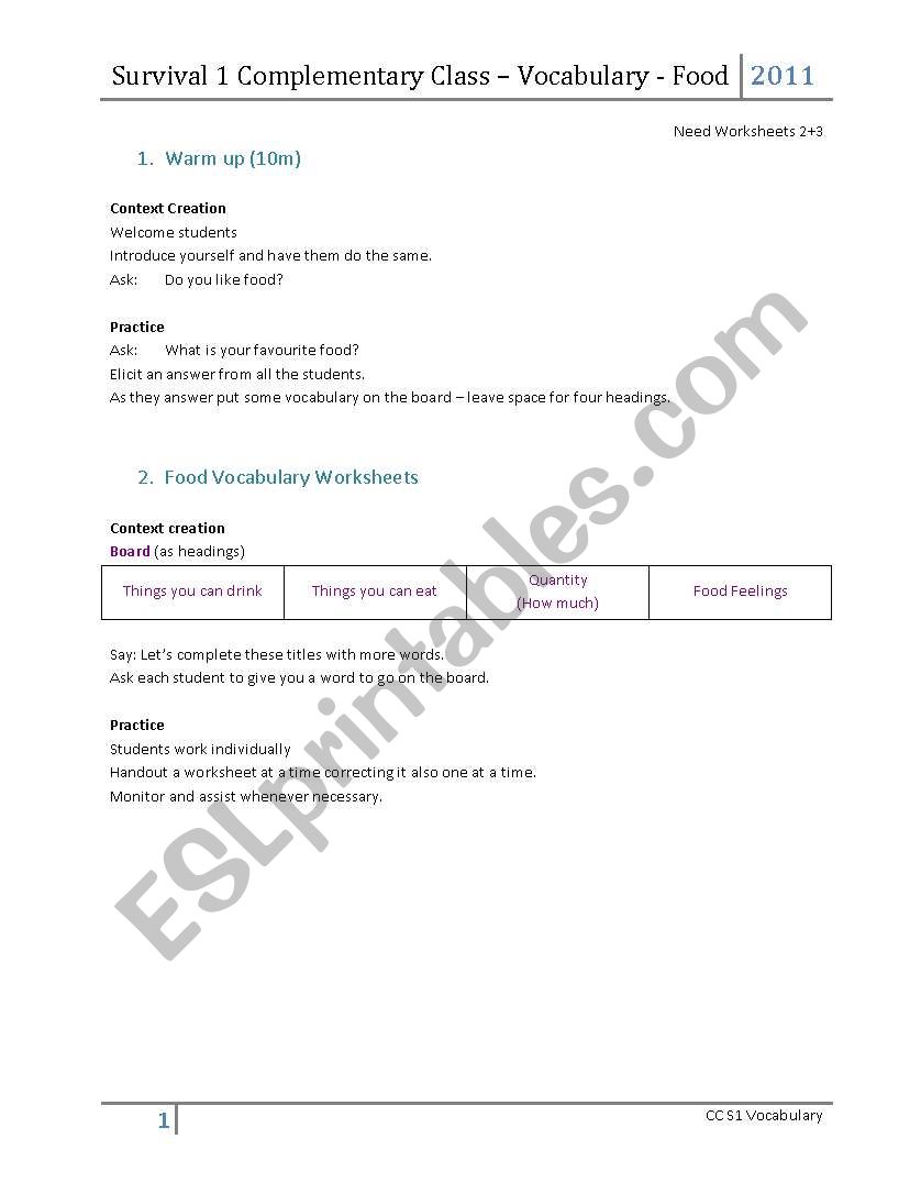 Food Lesson Plan worksheet