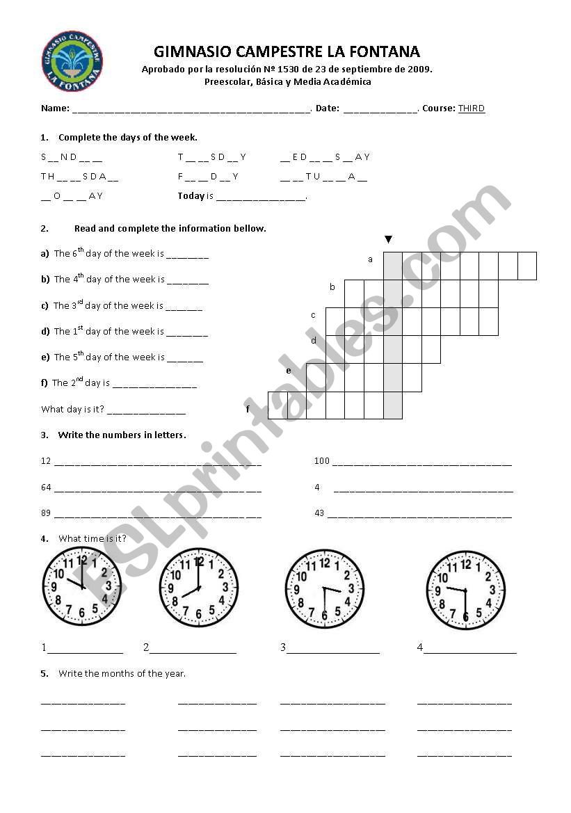 days of week, numbers and the time