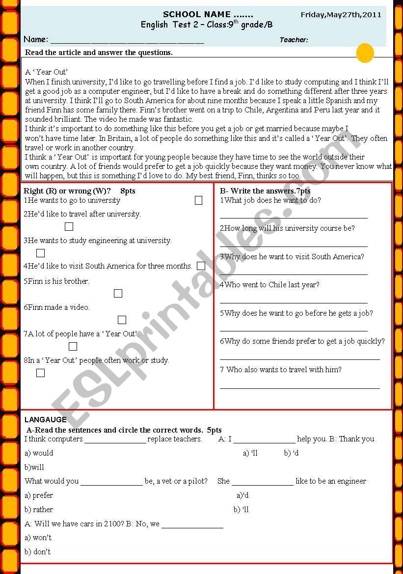 English Test worksheet