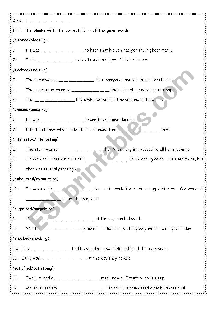 ADJECTIVES WITH -ED & -ING + ANSWER KEY