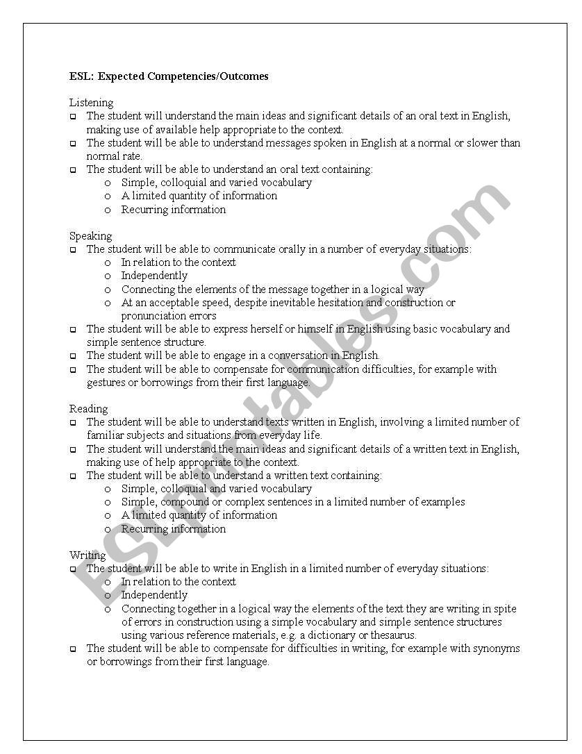 ESL Expected Competencies and Outcomes