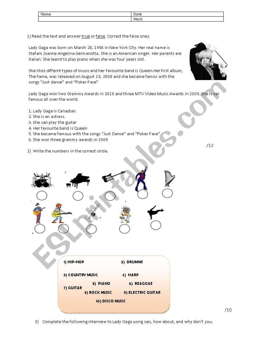 Lady gaga worksheet worksheet