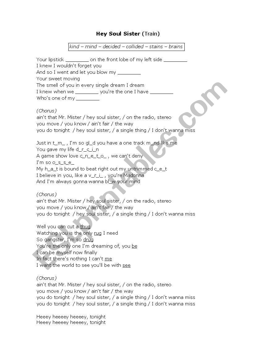 Hey Soul Sister by Train worksheet