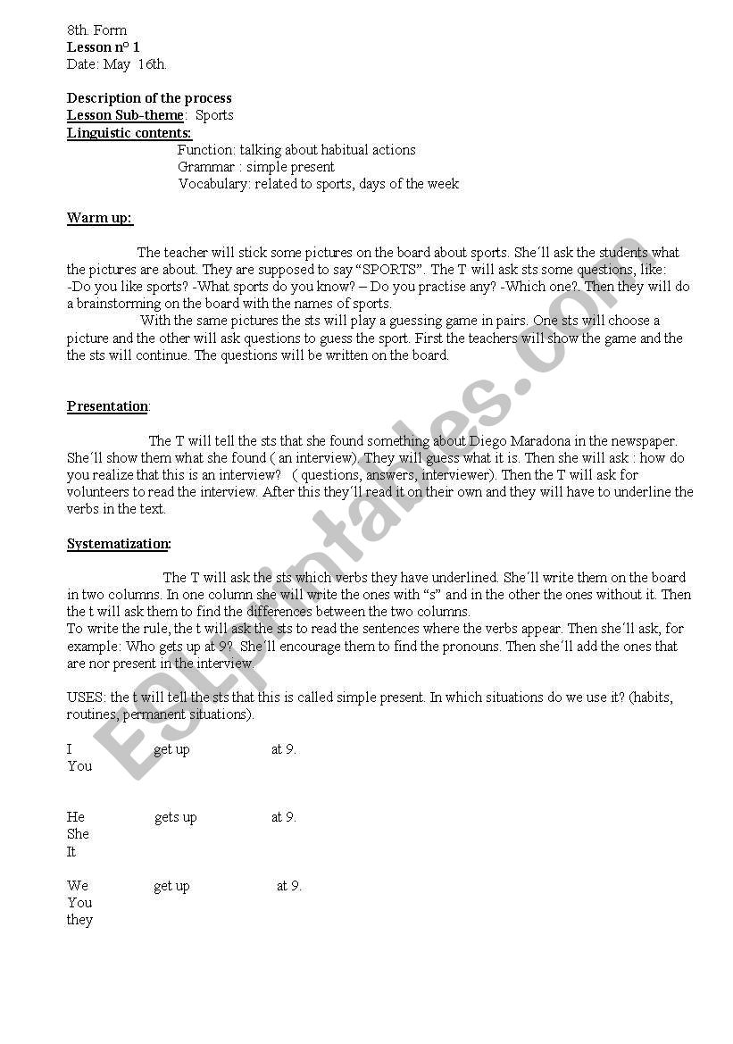 Simple present lesson plan based on sports