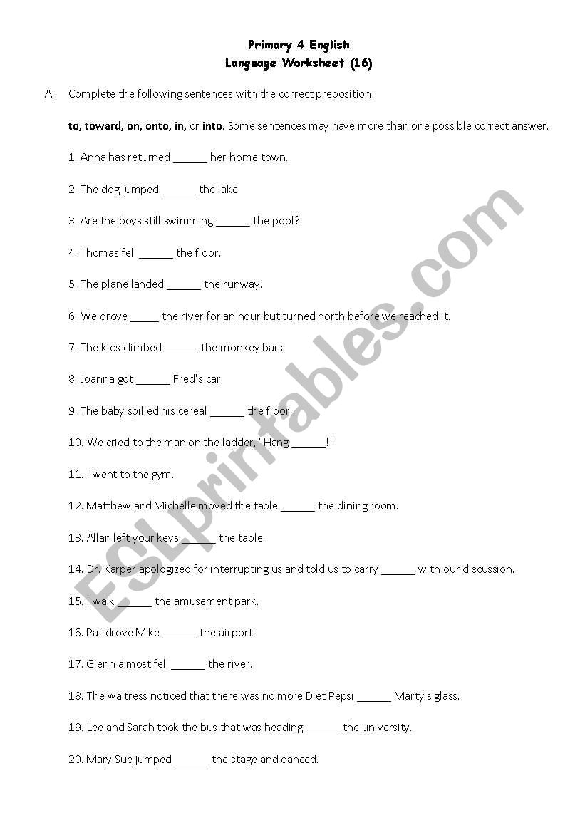 Preposition of direction worksheet
