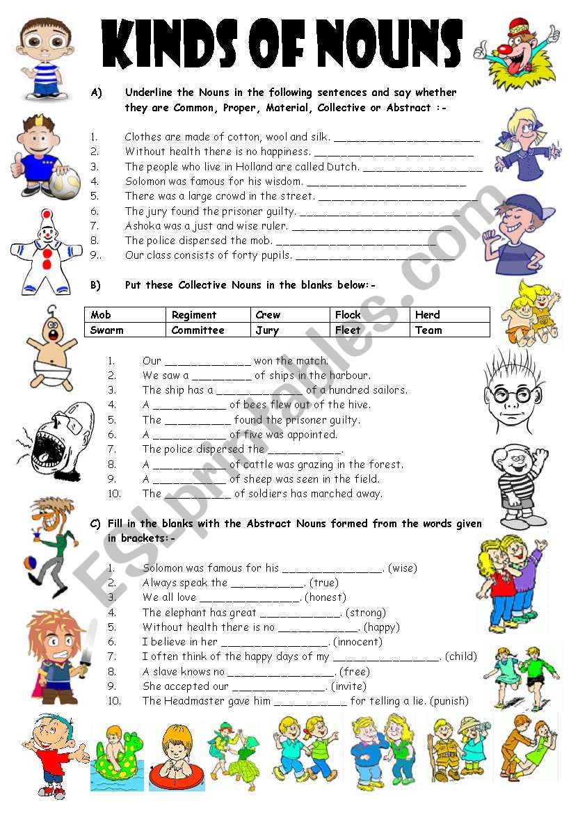 EXERCISES ON TYPES OF NOUNS - 25 Pages (Editable with Key) - ESL Throughout Types Of Nouns Worksheet