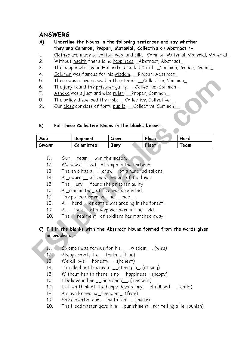 Exercises On Types Of Nouns 4 Pages Editable With Key Esl