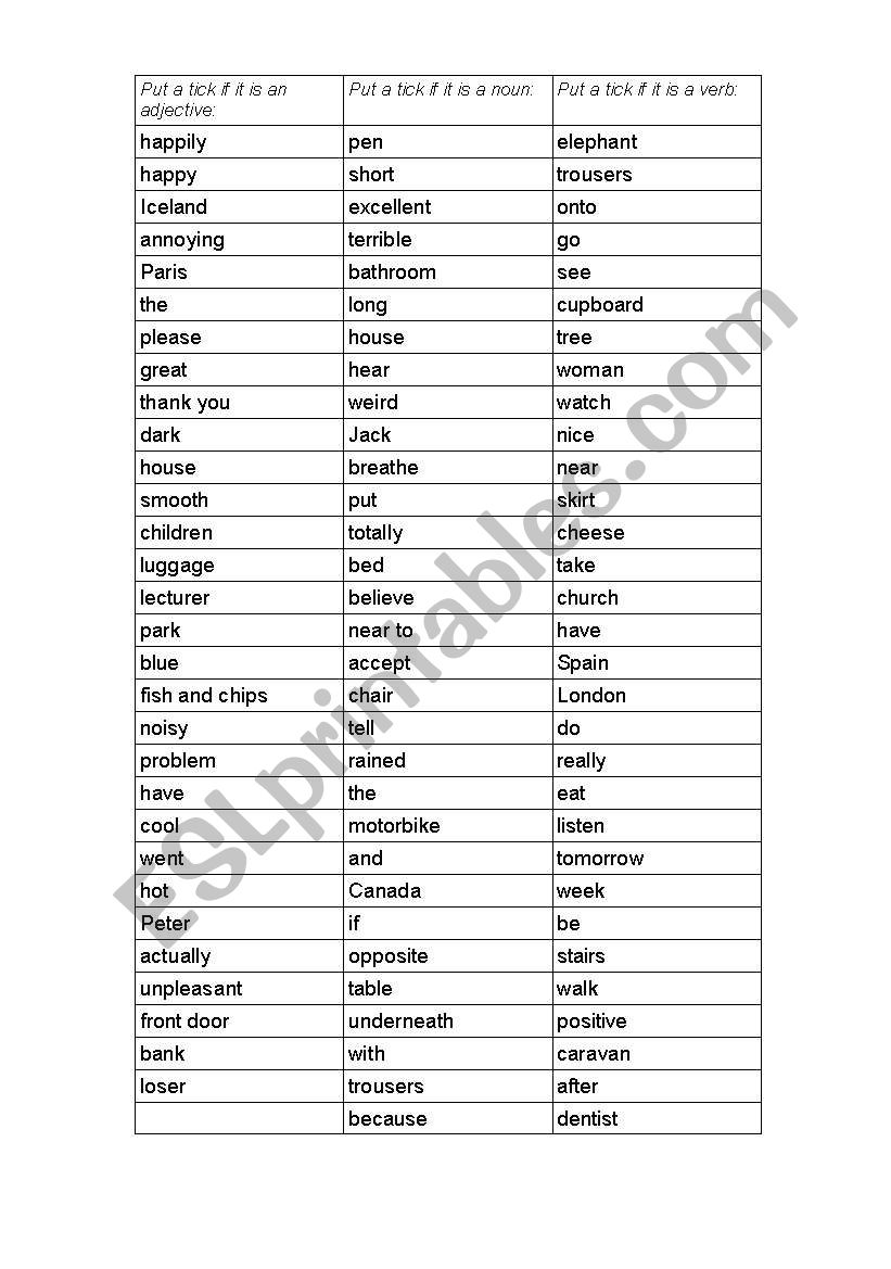 identifying adjectives, nouns, verbs
