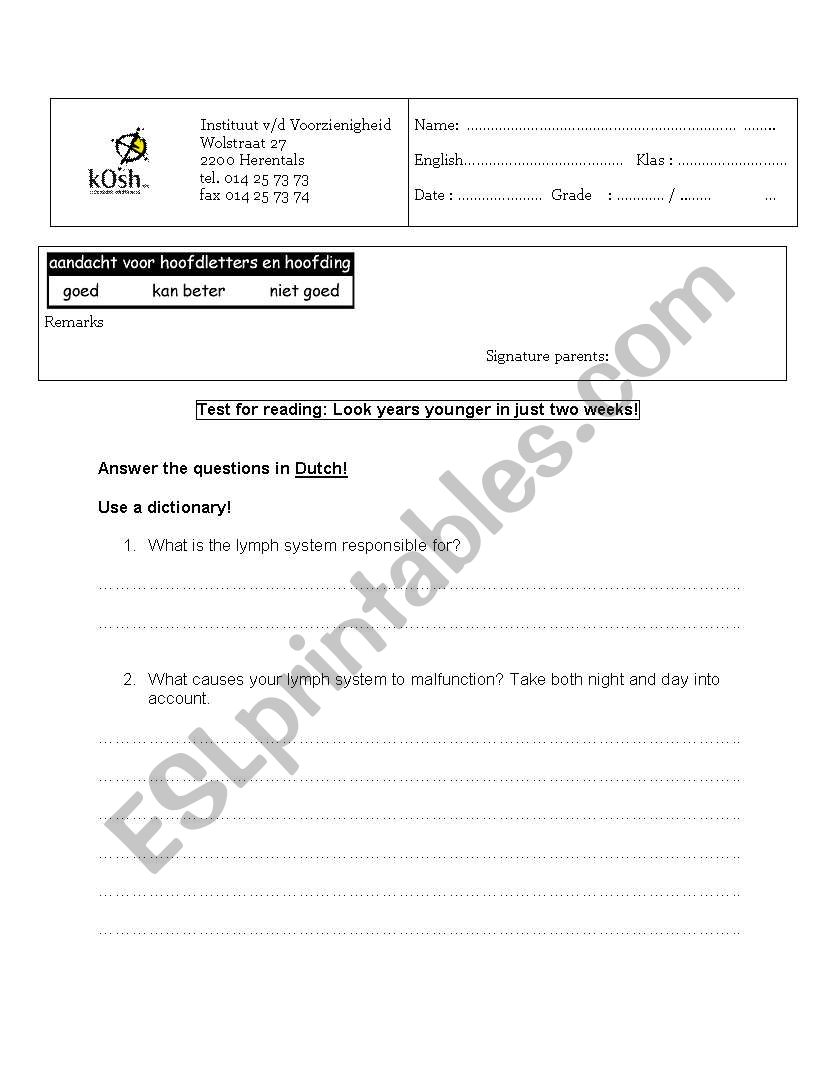 Test for reading worksheet