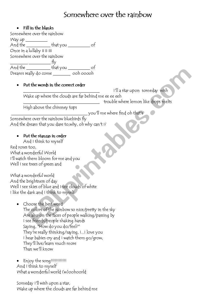 somewhere over the rainbow worksheet