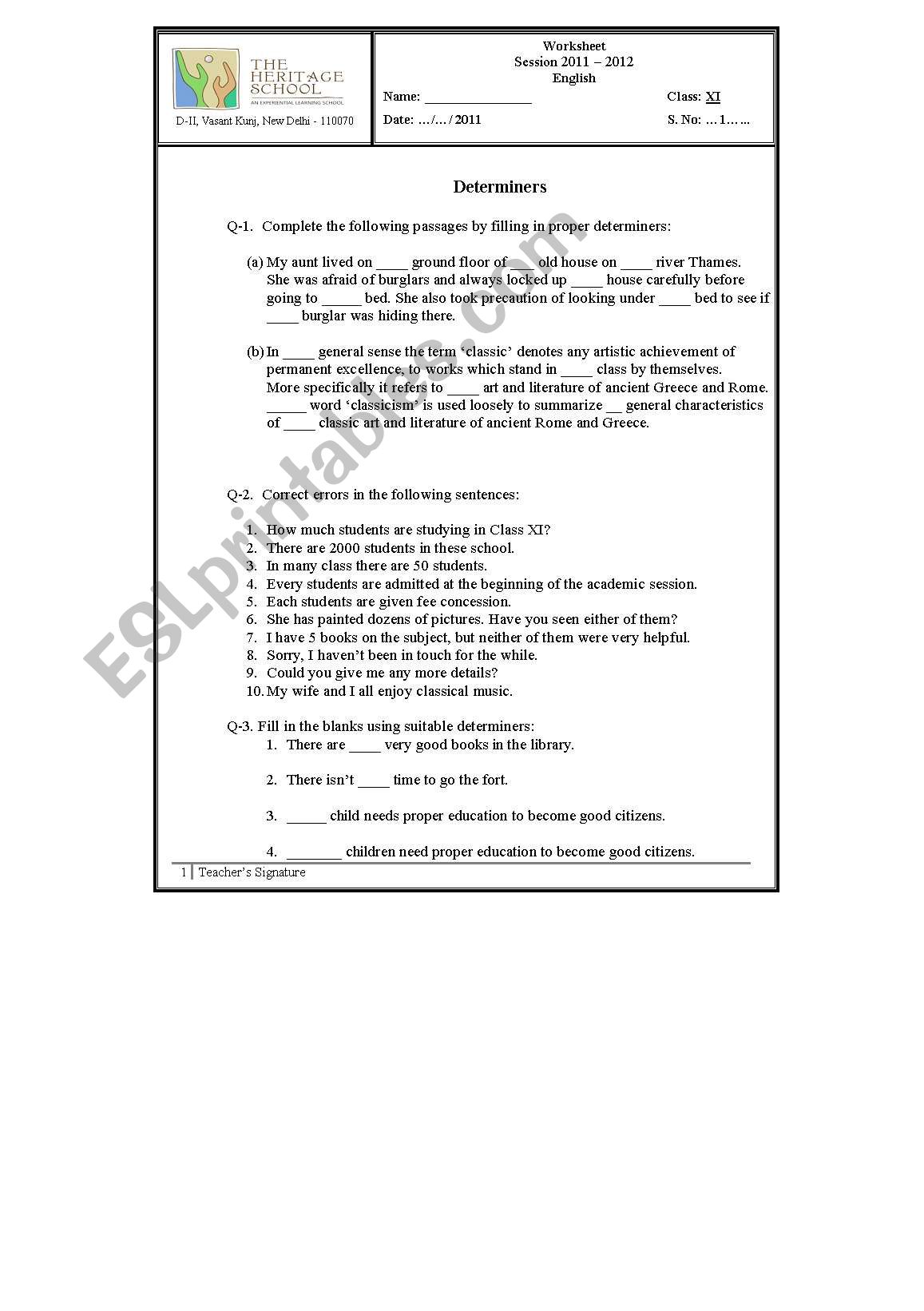 determiners worksheet