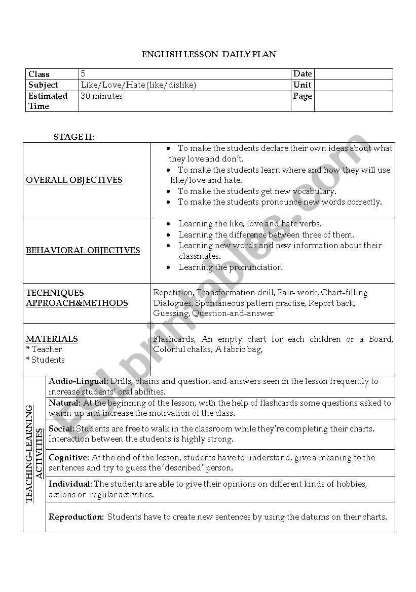 Love,like,hate Lesson Plan worksheet