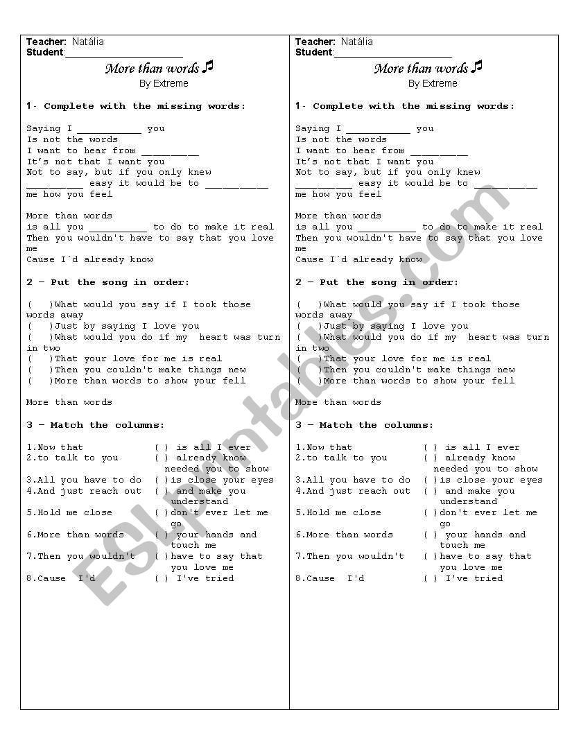 Extreme - More than words worksheet