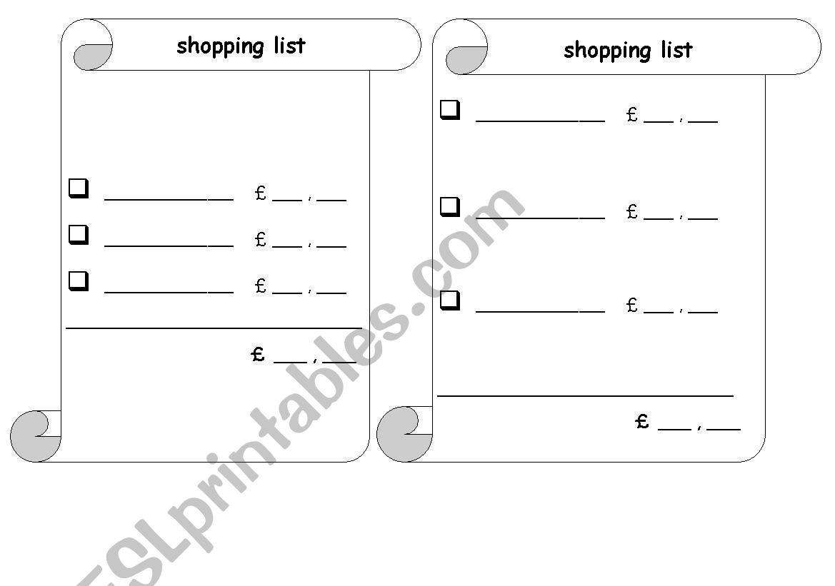 shopping list & dialogue worksheet