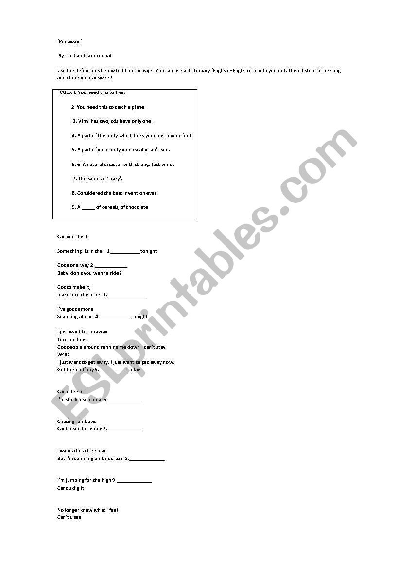Fill in the gaps activity for Jamiroquais Runaway