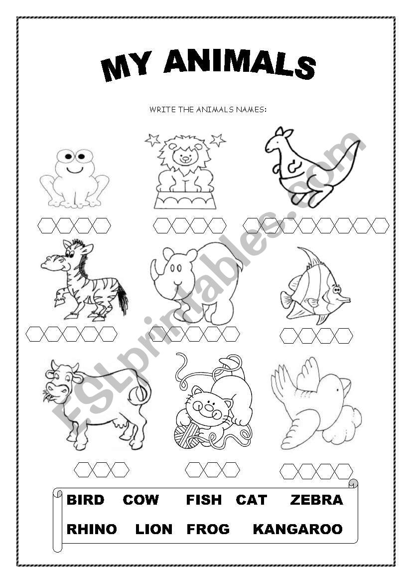 ANIMALS - WRITE THEIR NAMES worksheet