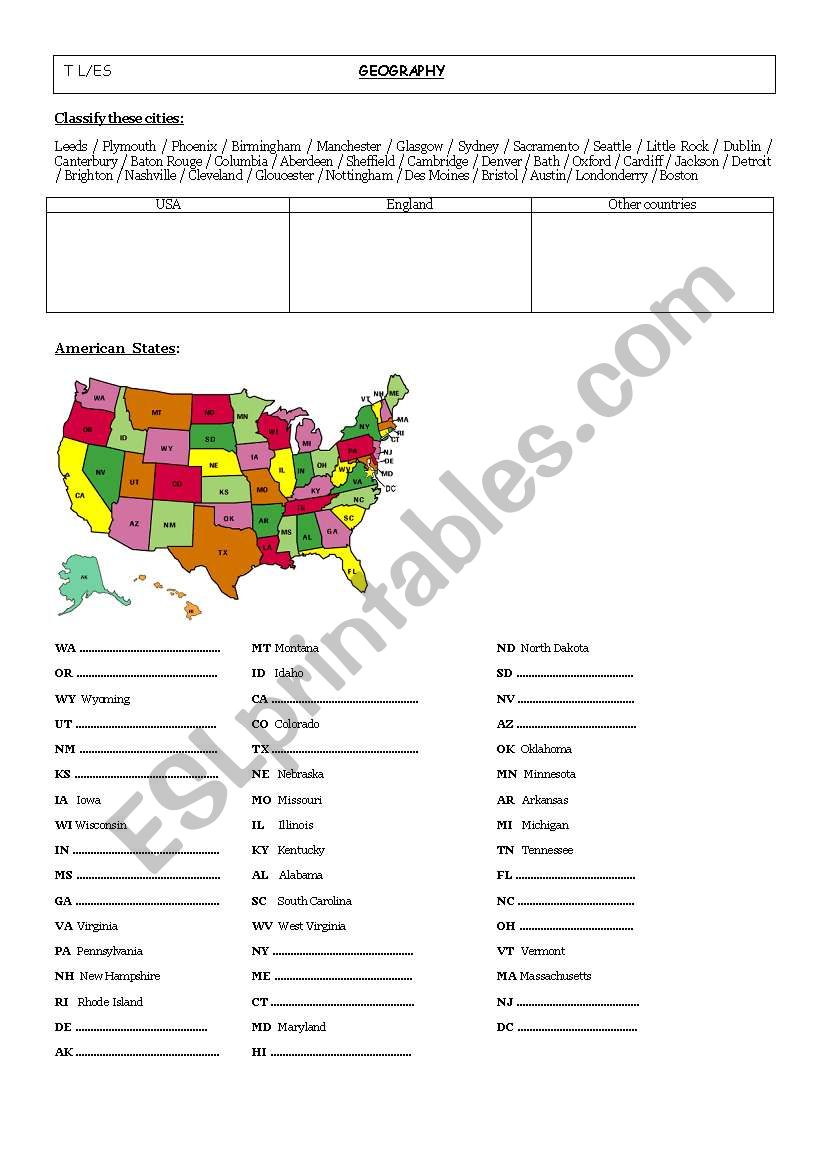 Cities and states worksheet