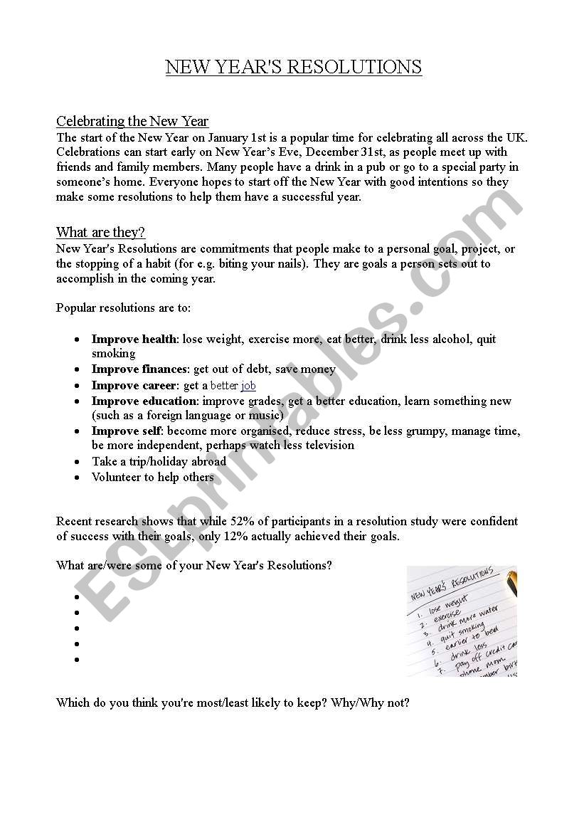 New Years Resolutions worksheet