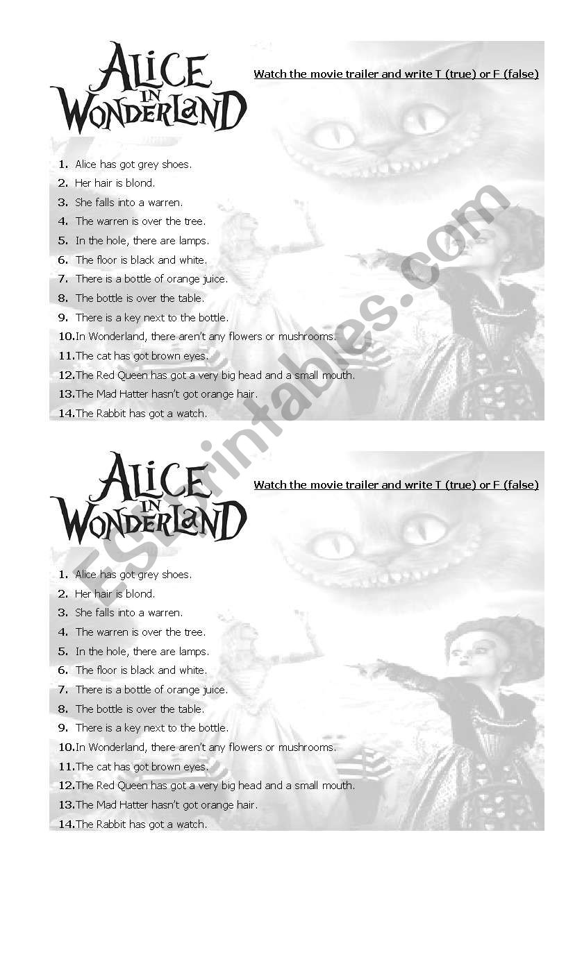 Alice in Wonderland worksheet
