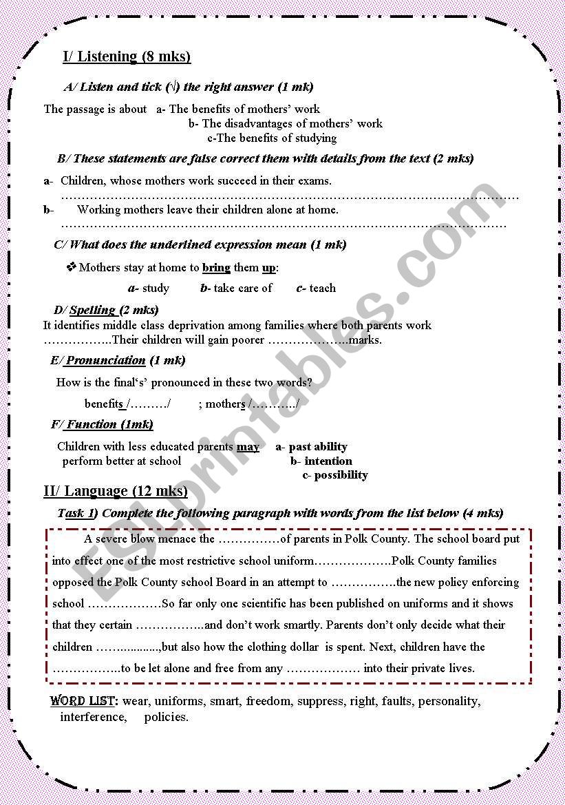 working mothers worksheet