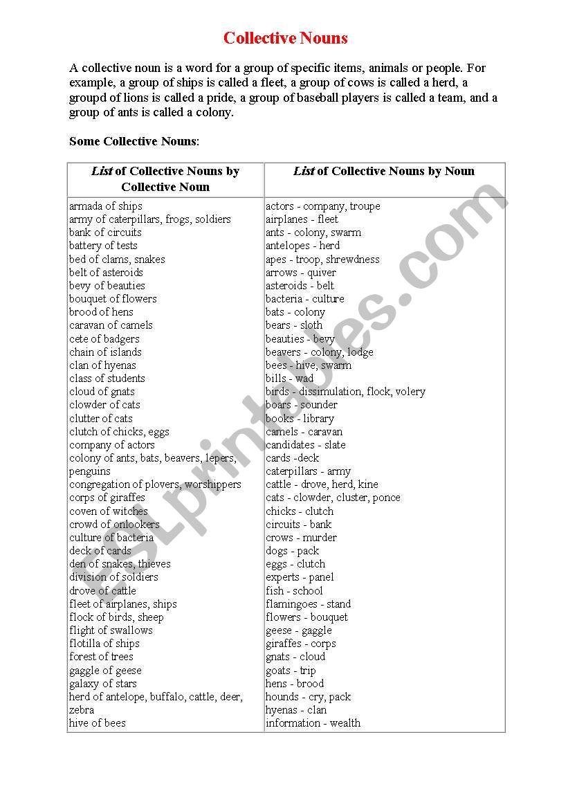 Collective nouns list worksheet