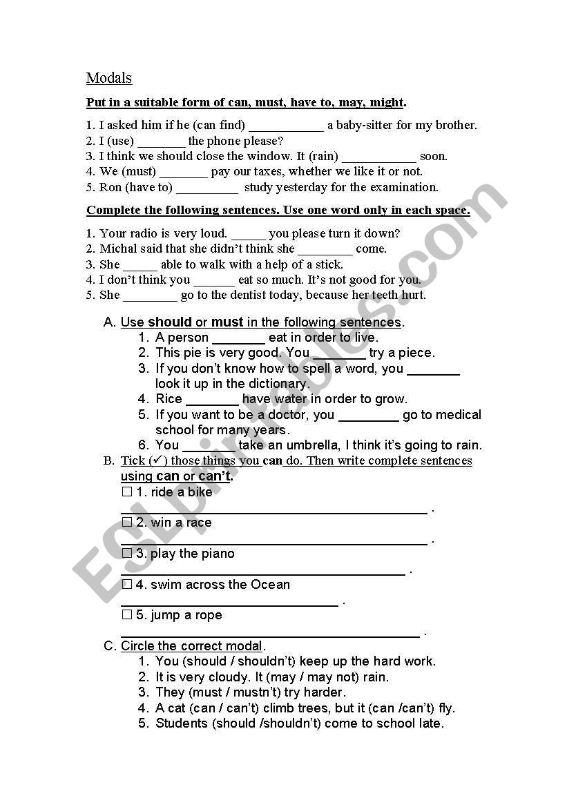 Modals and semi modals worksheet