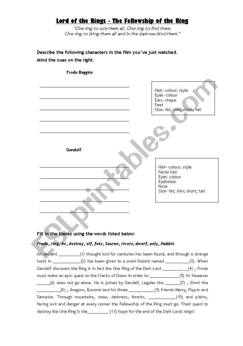 Lord of the Rings worksheet