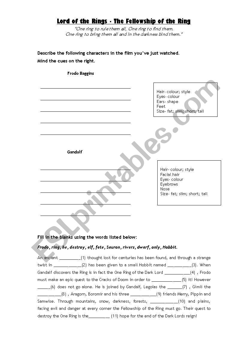 Lord of the Rings worksheet