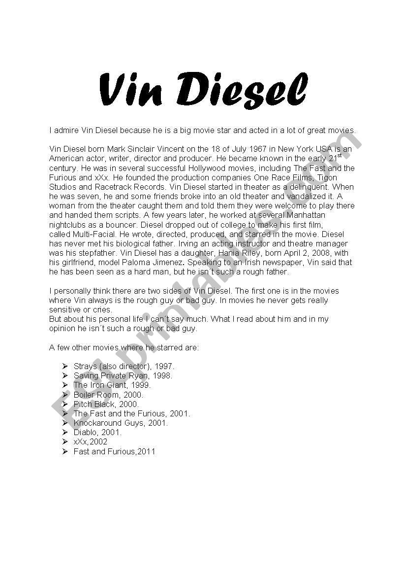Vin Diesel worksheet
