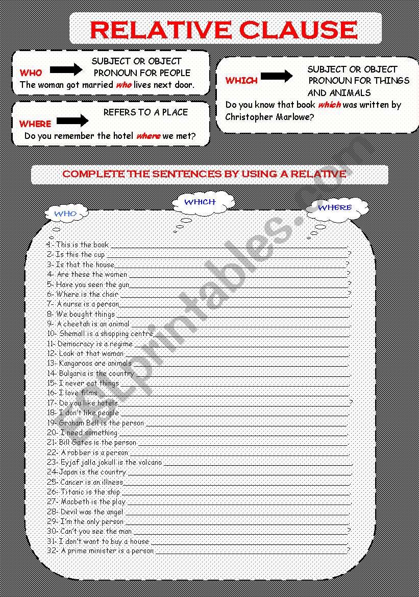 relative clause worksheet