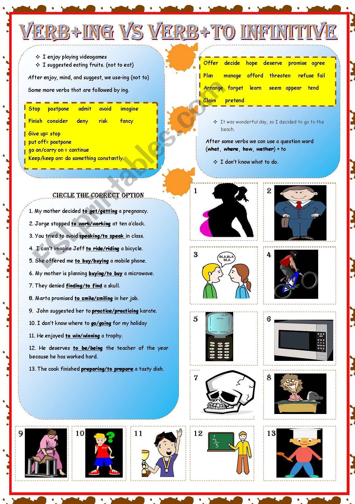 verbs+ ing or to infinitive worksheet