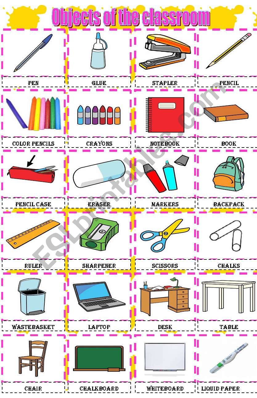 Objects of the classroom worksheet
