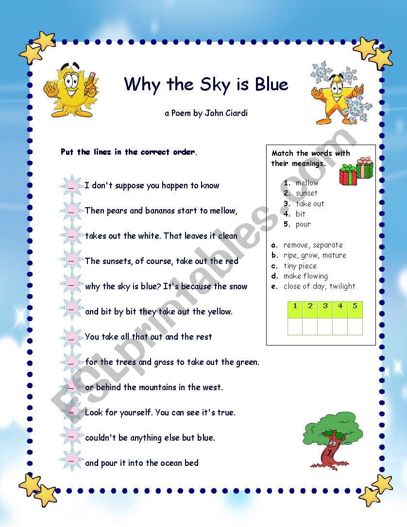 Poem - Why the sky is blue + vocabulary matching + key