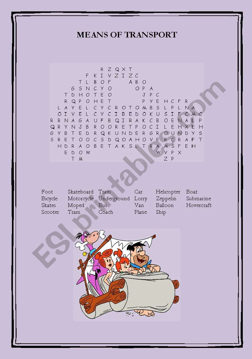 Means of Transport Wordsearch worksheet