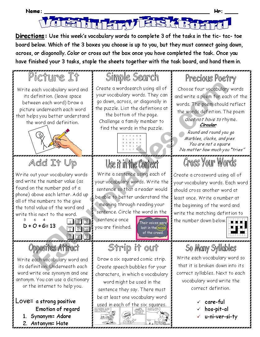 Vocabulary Taskboard worksheet