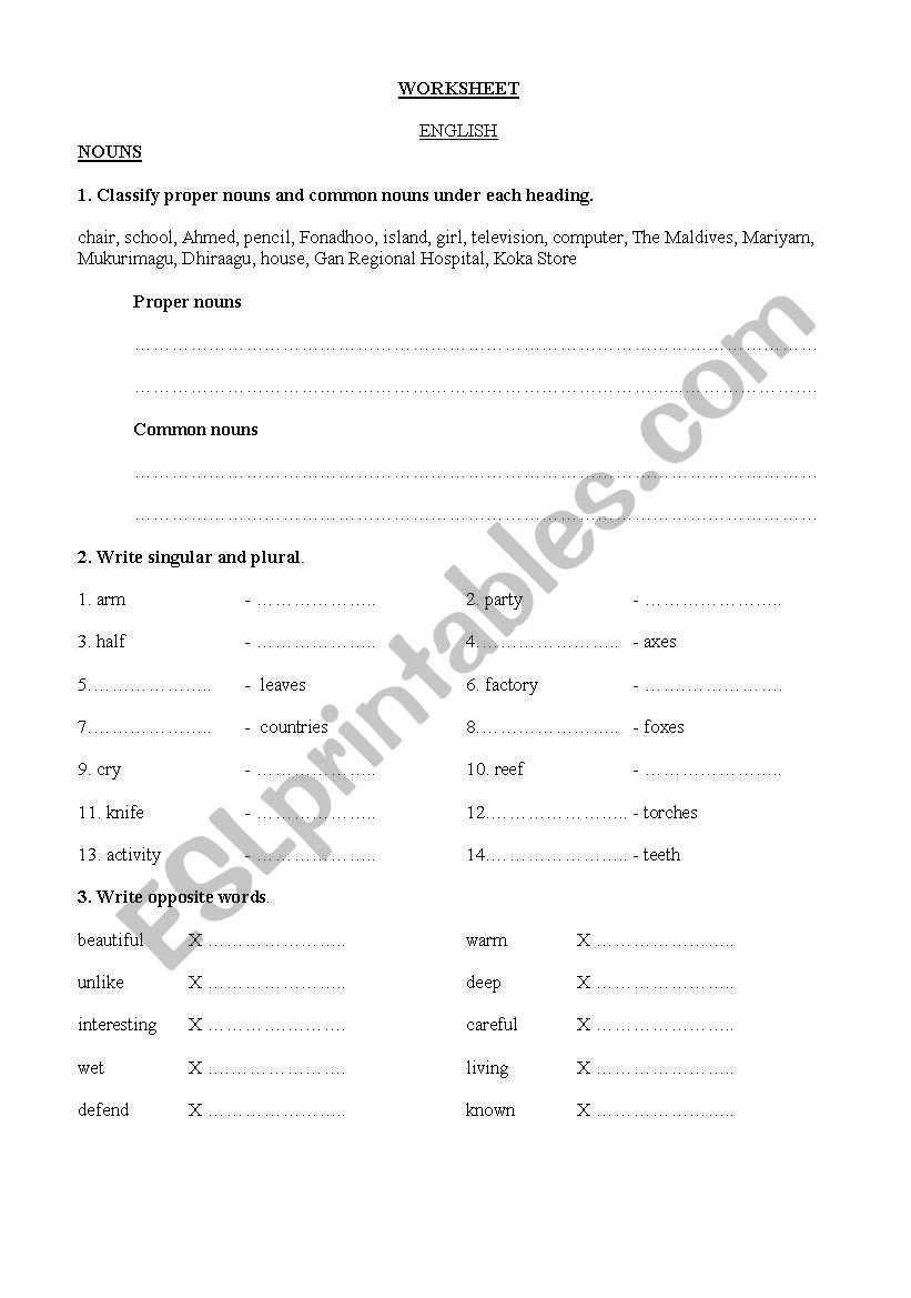 Nouns and Drafting questions worksheet