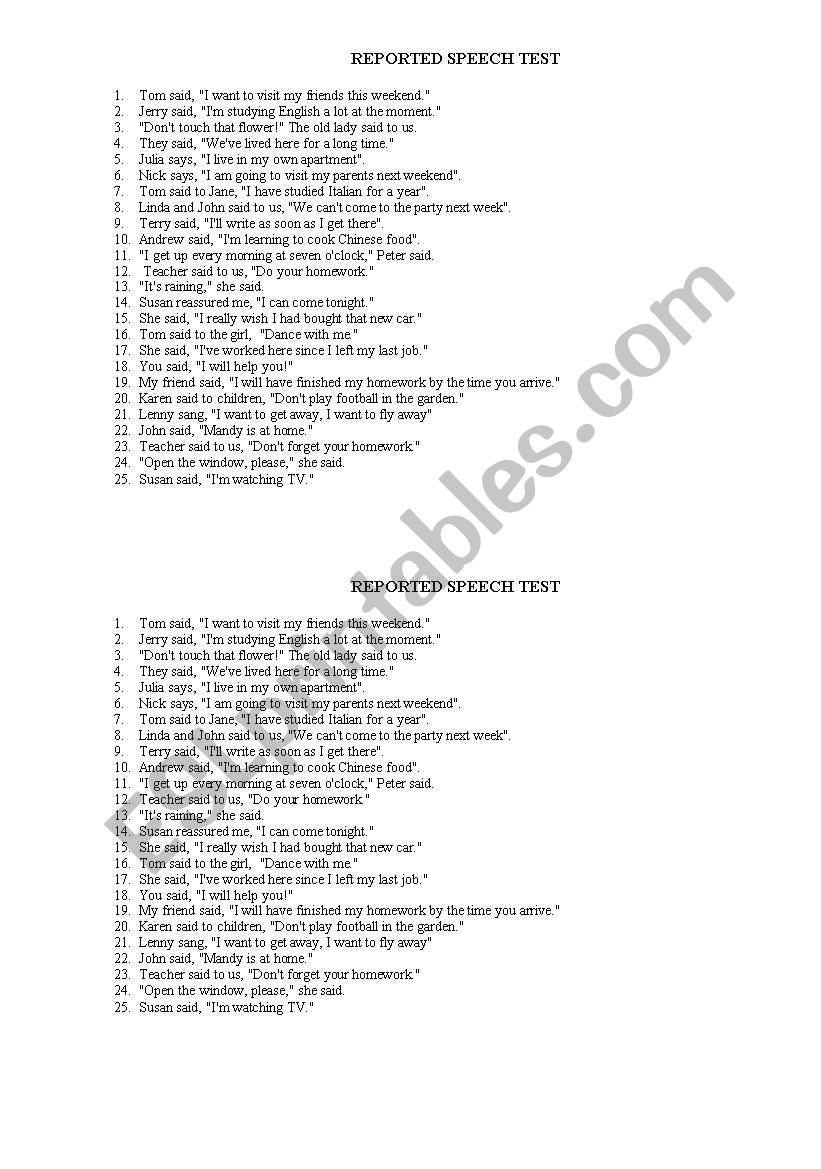 Reported Speech Test worksheet