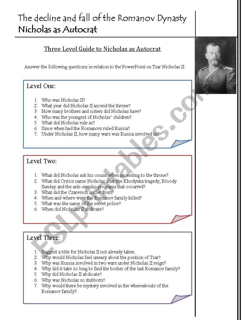 Russian Leader Nicholas worksheet