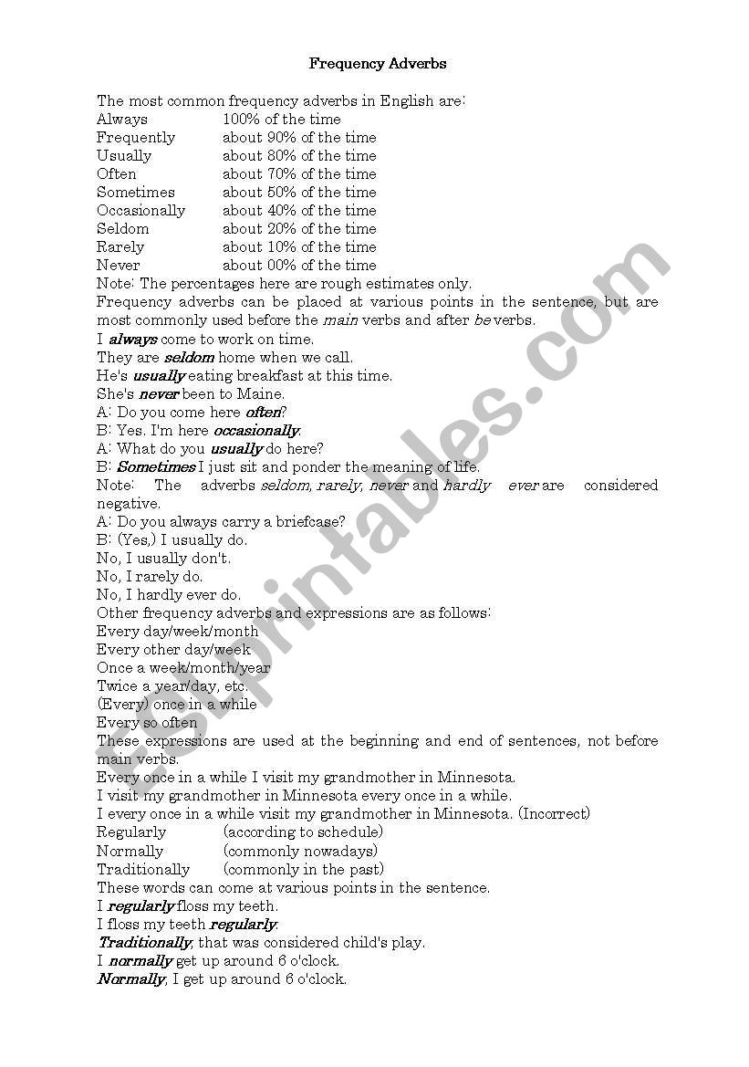 Frequency adverbs worksheet