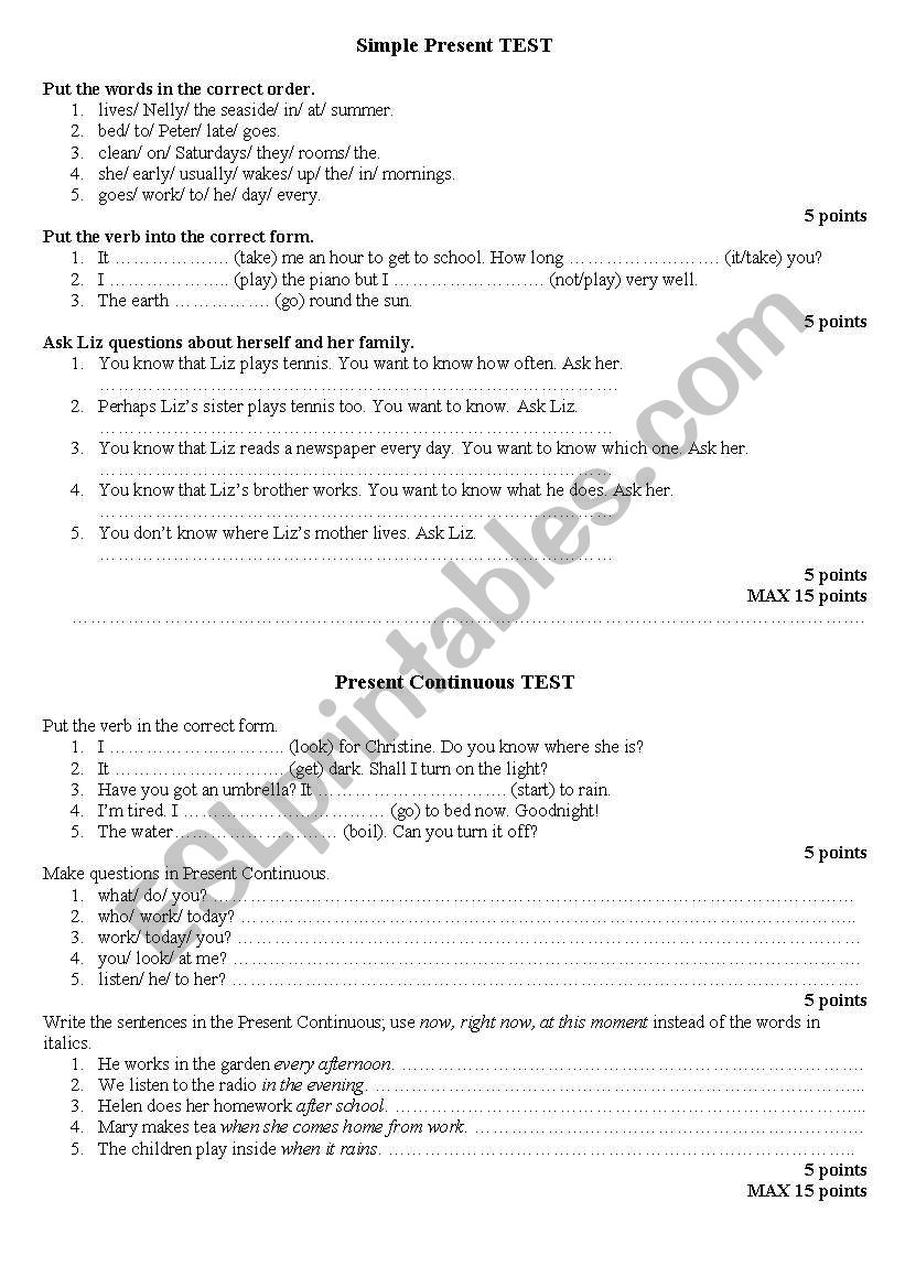 Simple Present, Present Continuous Test