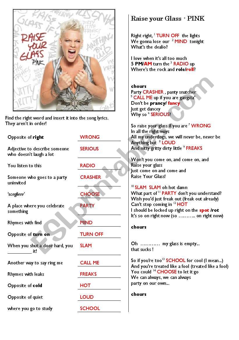 Raise your Glass by Pink worksheet