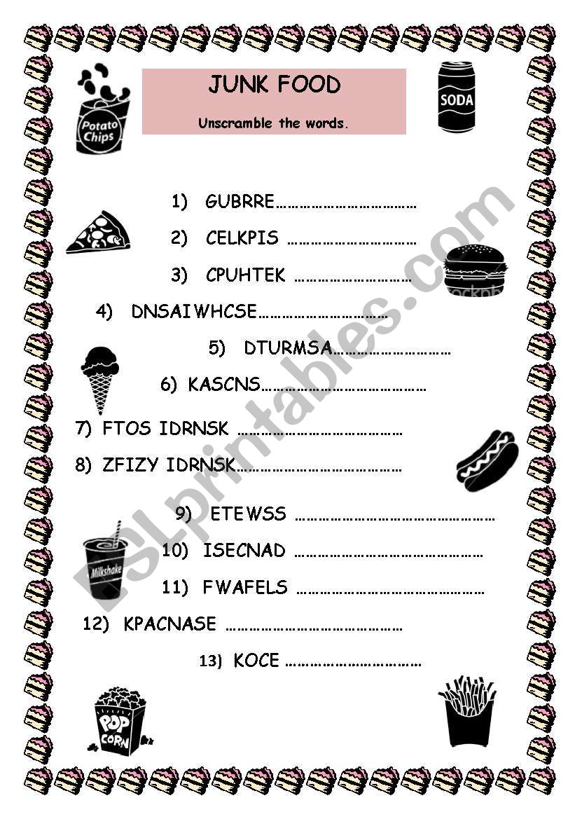 Junk Food Unscramble the Words