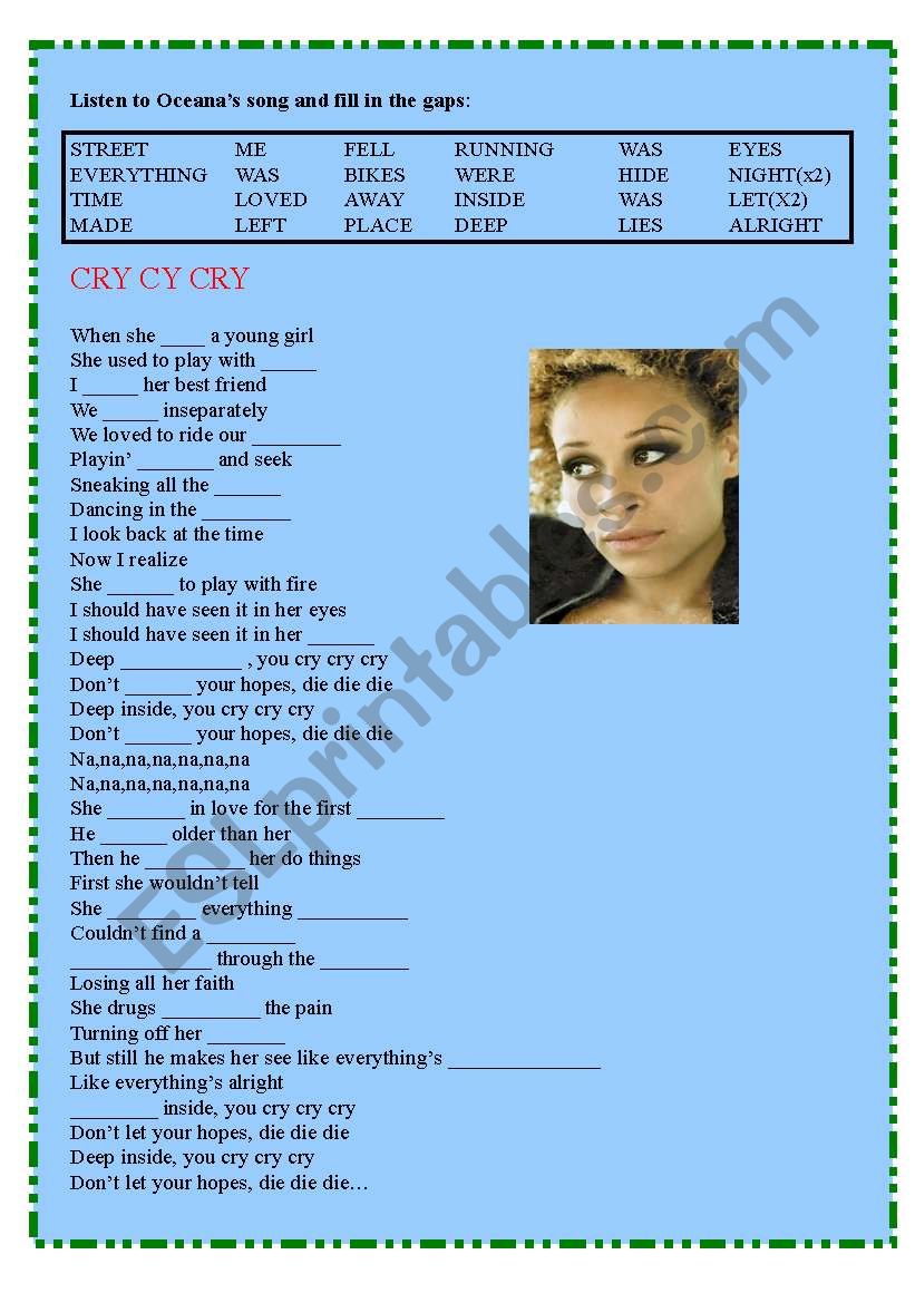 Oceana - Cry, cry, cry worksheet